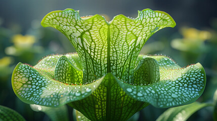 Wall Mural - A vibrant green pitcher plant with intricate veining, adorned with glistening dewdrops, stands against a blurred green background