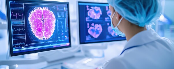 Poster - A medical professional analyzes brain scans on computer monitors in a modern healthcare environment, focusing on advanced imaging technology.