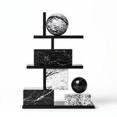Poster - Geometric Composition Sculpture with Marble Spheres and Rectangular Blocks Arrangement on White Backdrop