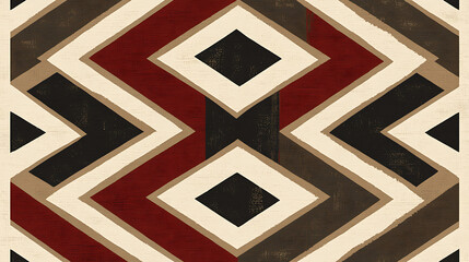 Poster - Geometric Diamond Chevron Seamless Pattern with Textured Stripes in Red Black Beige and Brown Shades