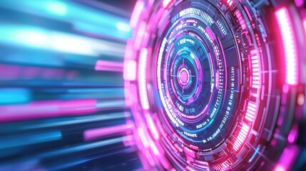 Poster - A vibrant, futuristic circular design with glowing pink and blue elements, suggesting themes of technology and motion.