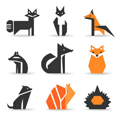 Poster - Geometric Foxes Graphic Resource Collection Nine Animals in Abstract Stylized Shapes