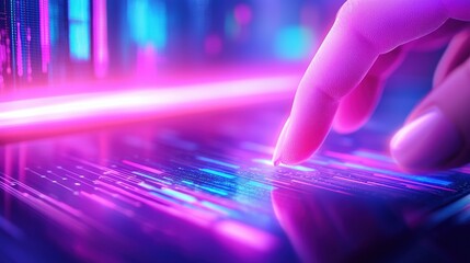 Poster - A glowing finger touches a digital interface, illuminated by vibrant purple and blue lights, suggesting interaction with technology or data.
