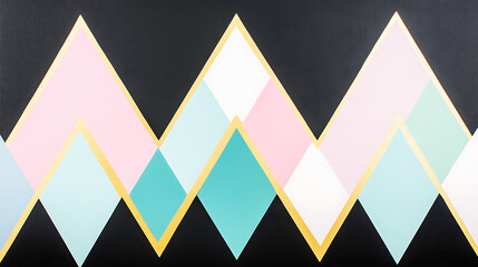 Poster - Geometric Mountain Peaks with Pink White Turquoise and Golden Outline on Black Backdrop Design