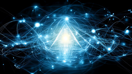 Poster - Geometric Network of Light and Connection Creating Abstract Design with Bright Glowing Center