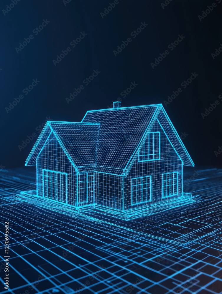 Glowing holographic house blueprint with neon blue grid lines ...