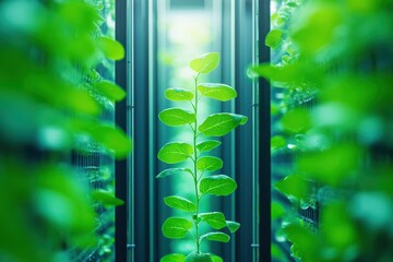 Poster - Resilient Green Plant Thriving in a Modern Server Environment Symbolizing Nature and Technology Coexisting Harmoniously in a Unique and Inspiring Setting