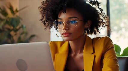 Poster - Focused Young Woman Working on Laptop in Modern Office Setting