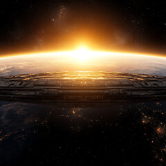 Poster - Giant Spaceship Above Earth With Sunrise Shining Brightly From Outer Space Celestial Body Surface