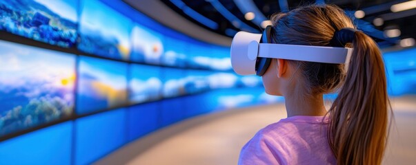 Poster - A girl wearing a VR headset explores a vibrant digital environment with multiple screens showcasing stunning visuals in a modern setting.