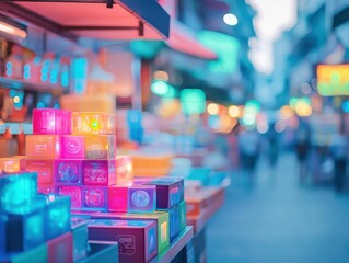 Poster - Vibrant Store Interior Filled with Many Boxes in a Spectrum of Colors Arranged Neatly on Shelves Creating a Lively and Inviting Shopping Experience