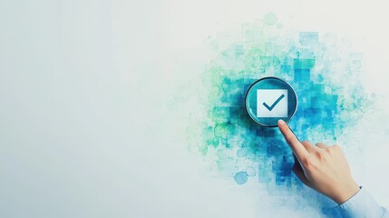 Poster - A Hand Grasping a Magnifying Glass Against a Vibrant Green and Blue Watercolor Background Evoking Curiosity and Artistic Inspiration in Nature