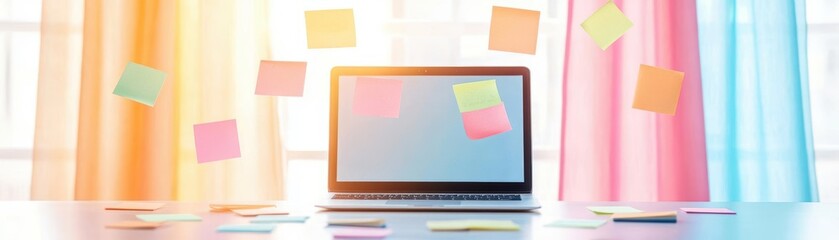 Poster - A laptop computer adorned with colorful sticky notes on the screen creating a vibrant and organized workspace highlighting creativity and productivity