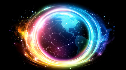 Poster - Global Network Connectivity with Constellations and Earth Planet in a Sci Fi Style Illustration