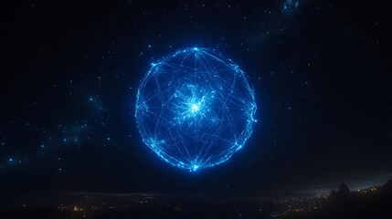 Poster - glowing abstract sphere of light amidst a starry sky over a city at night