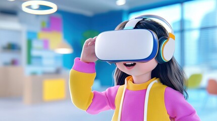 Poster - A child wearing VR goggles smiles while interacting with virtual reality in a colorful, modern setting.