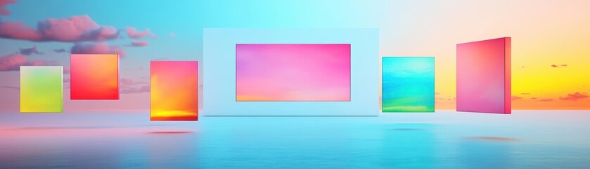 Poster - Vibrant Abstract Room Design with Colorful Elements and Dreamy Sky Background Evoking a Whimsical and Creative Atmosphere for Artistic Inspiration