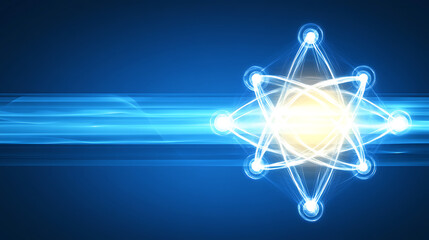 Poster - Glowing Core Atom Structure and Interconnected Network Data Transmission on Deep Blue Background