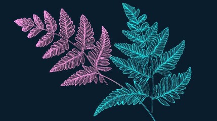 Wall Mural - Vibrant Illustration of Tropical Fern Leaves in Blue and Pink on a Dark Background for Nature Inspired Designs