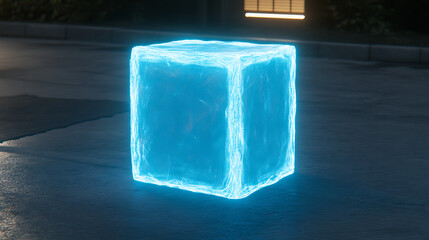Poster - Glowing Enigmatic Cube Structure on Urban Concrete Surface at Dusk with Building and Window Detail