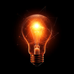Poster - Glowing Filament Light Bulb Idea with Network Connections and Geometric Design on Black Backdrop