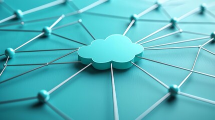 Wall Mural - 3D connection network with a central cloud symbol on a teal background., network, connection, communication, business, presentation