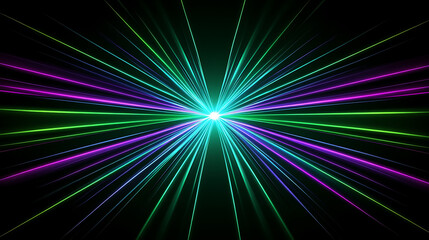 Poster - Glowing Laser Beam Bursting From a Central Point Green Purple Light Streaks Visual Effect