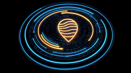 Poster - Glowing Location Pin Technology Display in Futuristic Style Round Platform on Black Background