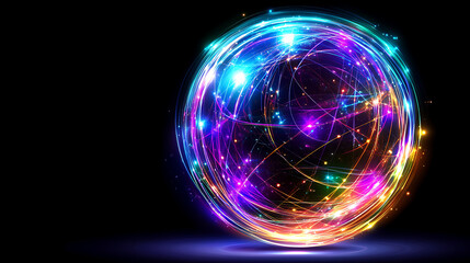 Poster - glowing orb of interconnected networks radiating electric energy amidst a dark void backdrop