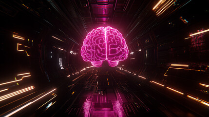 Poster - Glowing Pink Brain Floating in a Futuristic Technological Tunnel of Artificial Intelligence