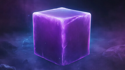 Poster - Glowing Purple Cube Floating Mysteriously Amidst Nebulous Cosmic Terrain with Ethereal Light Play