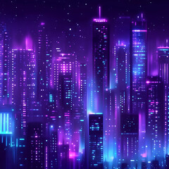 Poster - Glowing Skyline Nightscape with Bright City Lights in Cyberpunk Style Digital Art