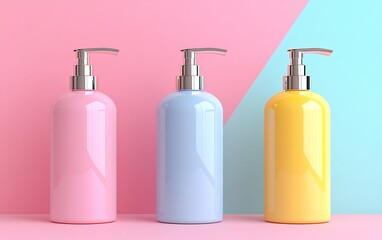 Aufkleber - Three pastel soap dispensers on a color-blocked background.  Possible use product advertisement or packaging design