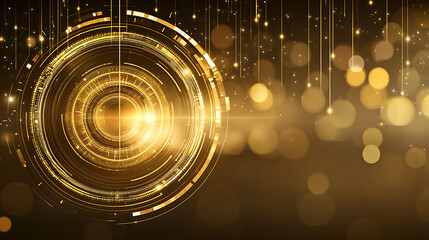 Poster - Golden Circular Technology Abstract Pattern with Bokeh Lights and Sparkles Futuristic Design