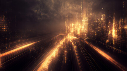 Poster - Golden Cityscape at Dawn High Speed Futuristic Concept Golden Futuristic Structure and Glowing Lines
