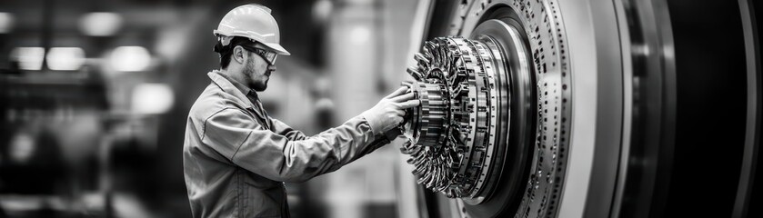 Poster - Dedicated Technician in Clean White Uniform Engaged in Complex Machinery Repair Under Bright Workshop Lighting Highlighting Industrial Precision and Focus