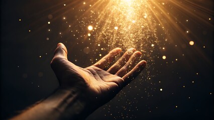 Poster - Golden Energy Flow: Hyperrealistic Hand Radiating Light, Dark Background, Upward Palm, Divine Spark, Celestial, Mystical, Spiritual, Magic, Power, Healing,     