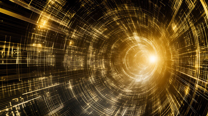 Poster - golden cyber tunnel light portal abstract technological futuristic journey backdrop