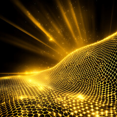 Poster - Golden Data Wave Network Illuminated by Radiant Light Beams for Modern Technology Visualization
