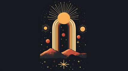 Poster - Abstract cosmic landscape, rainbow arch, stars, sun, planets. Possible use prints, apparel, backgrounds