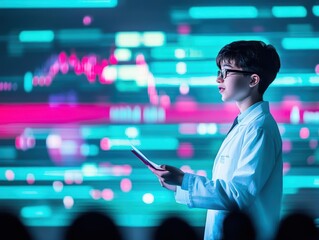 Poster - Focused Scientist in Lab Coat Analyzing Data on Tablet Surrounded by Advanced Equipment and Research Materials in a Modern Scientific Environment