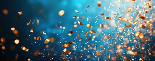 Poster - Colorful confetti falling against a blurred blue background for celebration, party, festival, and joyous occasions with sparkling lights