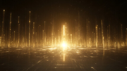Poster - golden lines rising from illuminated grid abstract futuristic technological landscape concept