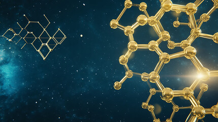 Poster - Golden Molecular Structures Floating in Nebulae Filled Space Scientific Visualization Backdrop