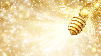 Poster - Golden Radiance Bee in Flight with Sparkling Light Rays and Festive Bokeh Background Abstraction