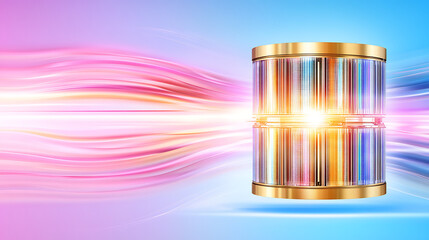 Poster - Golden Rings Enclosing Translucent Rectangles Forming a Cylinder over a Blue and Pink Background