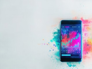 Poster - Vibrant Smartphone Displaying Colorful Visuals Against a Brightly Colored Background Creating an Energetic and Modern Aesthetic in Digital Technology