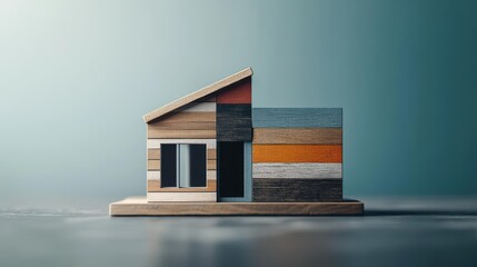 Poster - Charming Wooden House Resting on Rustic Wooden Table Surrounded by Natural Light Creating a Cozy Inviting Atmosphere Perfect for Home Decor Ideas