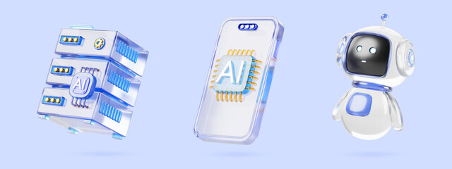 Fototapete - Artificial intelligence glass 3d icon render set. Chatbot robot character, data server, mobile phone with ai chip isolated on blue background. Cute computer technology, futuristic bot. 3D illustration