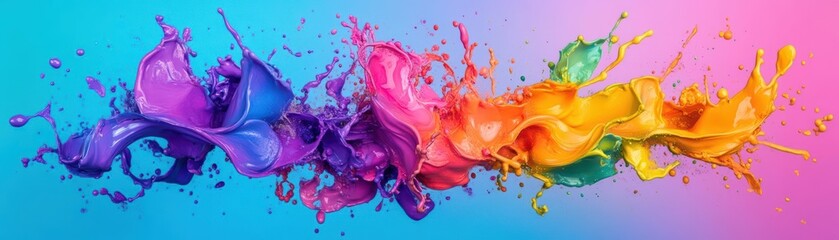 Poster - Vibrant Multicolored Paint Splashes Creating an Artistic Display Against a Bright Blue Background Evoking Creativity and Joyful Expression in Art
